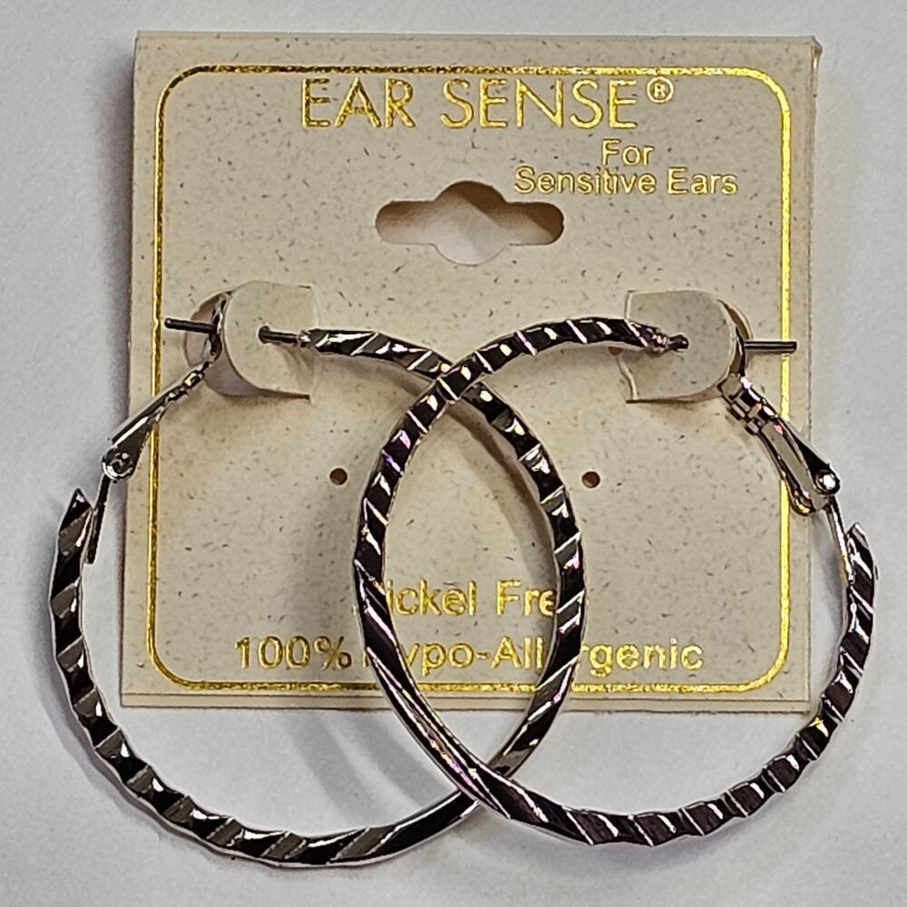 Ear Sense Silvertone Twisted Hoop Earrings Sensitive Hypoallergenic Nickel Free